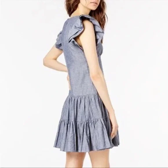 Jill Stuart blue denim chambray flutter sleeve ruffle tiered short dress - Picture 3 of 7